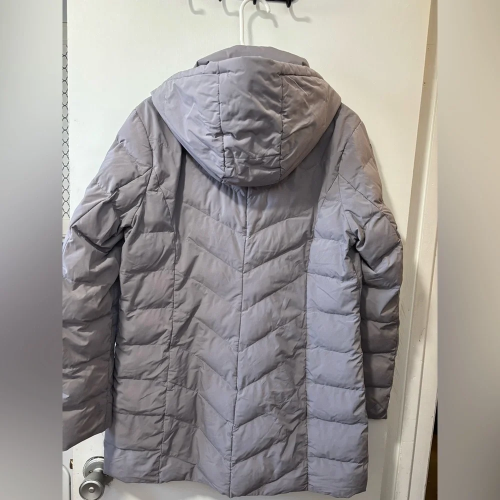 Lauren Ralph Lauren Sz M Gray Quilted Hooded Down Puffer Mid Length Jacket Coat